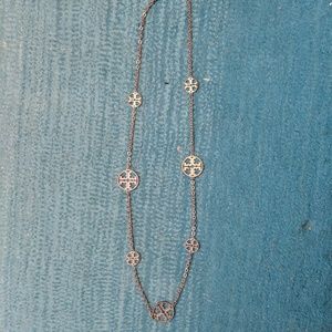 Tory Burch Long Silver Logo Necklace